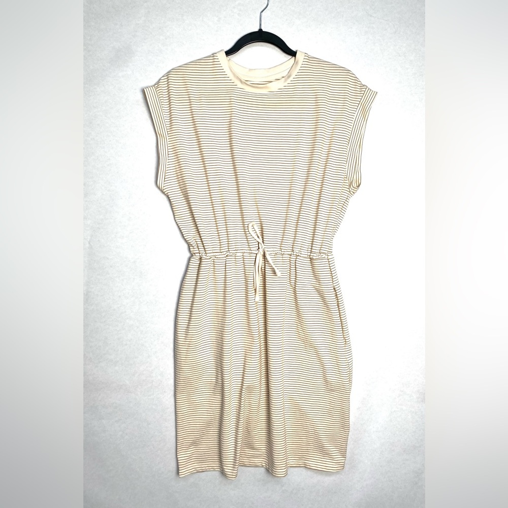 A New Day Women's Cream & Yellow Striped Tie Waist Cap Sleeve Midi Dress Size M